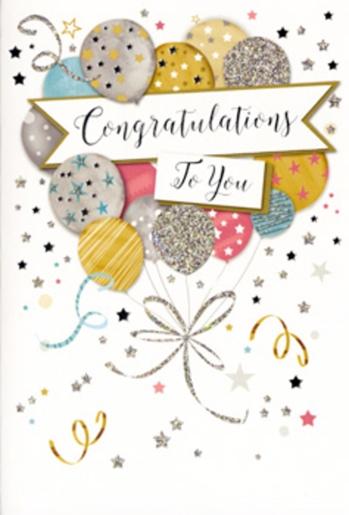 The greetings card shown here is a refined congratulations design that captures a mood of gentle celebration, much like the quiet glow after good news is shared in a Watford living room not far from Nascot Wood. At its centre, there is a carefully composed cluster of illustrated balloons, their velvety round shapes layered so some float slightly in front and others drift behind. The colours are soothing yet festive: polished gold, soft silver, champagned cream, sky blue, blush pink, and a calm grey, each balloon embellished with metallic details-tiny stars, subtle sprinkles of glitter, or neat stripes that create a delicate shimmer. Slender strings extend downward and twist into decorative gold and silver ribbons that curl and meander, echoing the relaxed movement of ribbons on a gift or party table. Around these central balloons, the background remains light and uncluttered but sprinkled with miniature stars, dots, and swirling motifs, giving the sense that confetti has just been tossed into the air and then suspended in time. A banner stretches across the middle, gently arched, carrying a neat Congratulations message written in elegant, flowing script, the sort of lettering that feels both considered and heartfelt. Visually, the card has the weight and texture of quality stationery, with raised metallic accents that invite touch, much like the experience of tracing your fingers over embossed details on a luxury gift tag. The overall impression is timeless and adaptable, suitable for marking achievements big and small-from academic successes to promotions or new ventures-anywhere in Watford. It is easy to imagine this card propped beside a vase of celebratory flowers, their colours echoing the soft metallics and pastels of the design.