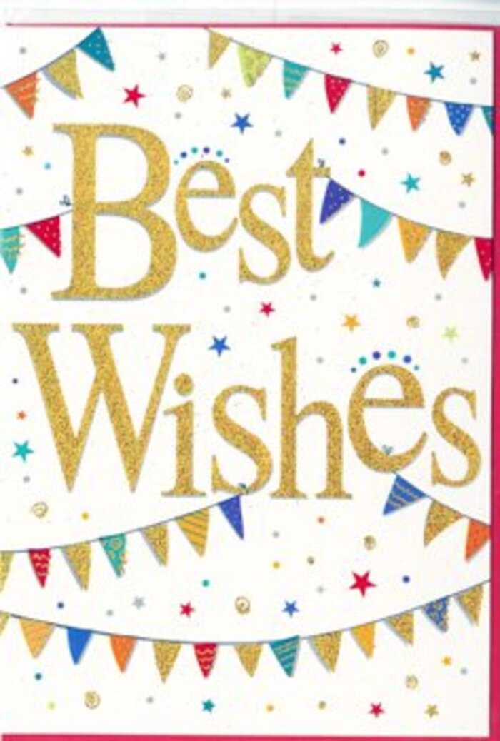 In this image, a Best Wishes card radiates cheerful positivity, like a little burst of party atmosphere from the heart of Watford. The design is centred on a crisp white background that makes every colourful detail stand out. Across the middle, the words Best Wishes are scripted in ornate, flowing gold lettering. Each letter appears slightly raised and dusted with subtle glitter, giving the text a tactile, shimmering quality that would catch and reflect the light with every tilt, similar to sunlight flickering on the pond in Cassiobury Park. The gold is warm-toned and elegant, conveying care without feeling overly formal. Curving across the top and lower sections of the card are strings of decorative bunting, gently arched as though tied between posts at a neighbourhood celebration off St Albans Road. The pennants are small, neat triangles in bright, saturated colours-ruby red, deep blue, grassy green, lemon yellow, and playful pink. Some are embossed or printed with charming patterns: evenly spaced polka dots, narrow stripes, or tiny starbursts. These details give the impression of handcrafted flags carefully cut and strung with love. Between and around the bunting, clusters of tiny stars and dot-shaped confetti are scattered lightly over the white space, echoing the buntings' palette and adding a feeling of movement and spontaneity, like colourful paper pieces drifting down after a toast. The composition remains airy, with plenty of breathing room around the central gold text, ensuring the card feels both modern and timeless. This versatile design would suit many occasions across Watford-marking exam success, new jobs, engagements, or moves into new homes-and pairs beautifully with same-day flower delivery, extending your warmest wishes in a bright, joyful, and heartfelt way.