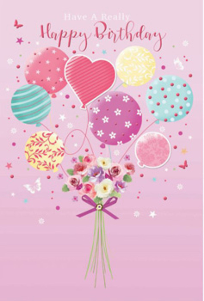 There is a gentle, uplifting joy in this birthday illustration, as if a miniature celebration were floating above Watford's rooftops at sunrise. The scene is set on a soft pink background that immediately conveys warmth and tenderness. Rising from the centre is a bouquet of pastel balloons, clustered together in a harmonious mix of pale sunshine yellow, rosy fuchsia, lavender, mint, and soft teal. Each balloon is adorned with cheerful designs-twisting ribbons, playful spots, and tiny stylised flowers-that give the impression of movement, like decorations swaying at a garden party near Cassiobury Park. Their glossy finish catches the light, creating delicate highlights and shadows that add depth and make the balloons feel almost touchable. Suspended gracefully beneath them, as though they are gently lifting it, is a small hand-tied bouquet of roses and daisy-like blooms. The petals shift in colour from creamy ivory through blush pink to deeper rose tones, layered so they appear velvety and full of life. The bouquet looks freshly arranged, as if just prepared for birthday delivery somewhere along St Albans Road. A slim purple ribbon binds the stems, forming a tidy bow with a subtle sheen that reflects the surrounding light. Around the main composition flutter tiny butterflies and star-like specks, bringing a sense of whimsy and daydream to the design. Every element-from the tender florals to the playful balloon patterns-has been thoughtfully balanced to evoke affection, happiness, and the simple delight of being remembered on one's special day.