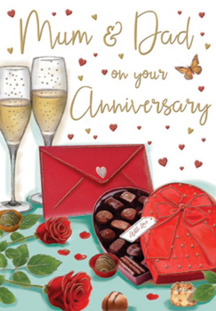 Expressive anniversary card artwork that brings together romance, indulgence, and homely warmth in a palette of deep reds and glowing golds, as if set on a dining table in a Watford terrace after a special meal. At the heart of the illustration, two tall, slender champagne flutes stand side by side, each filled with sparkling golden liquid whose rising bubbles are frozen in time, conveying the moment just before a meaningful toast. Leaning slightly in front, a heart-shaped box of chocolates in a velvety red hue is adorned with a generous satin bow that arcs elegantly across the lid. The lid is propped ajar, revealing a selection of glossy chocolates nestled inside, with a few individual pieces scattered invitingly across the table surface. Beside this, two richly coloured red roses rest on a cushion of glossy green foliage, the petals lush and layered exactly as a florist might present them for an anniversary delivery around Watford High Street or Nascot Wood. Around the composition, small gold and crimson hearts float freely, catching specks of light and gently surrounding a hand-lettered anniversary message dedicated to a much-loved couple, often parents who have built a life together over many years. At the front, a scarlet envelope lies cleanly sealed, hinting at personal, handwritten sentiments and perhaps stories from decades of shared memories. The entire scene is bathed in a soft, ambient glow that picks up the reflections in the glassware and the sheen of the ribbon, evoking the intimate atmosphere of an evening at home near Cassiobury or along St Albans Road. As someone who regularly designs romantic arrangements for Watford couples, I see in this card the essence of an anniversary: simple pleasures, heartfelt gestures, and the comfort of long-standing love.