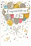 In this image, the congratulations card appears like a softly glowing celebration captured on paper, perfectly suited to moments of pride and joy across Watford-from exam results to new jobs. The central feature is a cluster of balloons rising upward, their rounded forms overlapping in a gentle, cloud-like arrangement. Each balloon is coloured in coordinated tones of metallic gold, brushed silver, champagne, light blue, blush pink, and pale grey, with delicate patterns of stars, fine stripes, and glittery specks giving them a subtle, sparkling finish. From the base of this illustrated bouquet, slender strings flow down and twist into elegant ribbons of gold and silver, their curls and loops adding graceful movement to the lower half of the card. The background is a soft neutral shade, sprinkled with tiny metallic stars, confetti-like dots, and airy swirls that make it feel as though the card is filled with floating congratulations, like laughter echoing down a Watford side street after sharing good news. A banner crosses the centre of the design, bearing the congratulatory wording in stylish, flowing calligraphy that conveys warmth and sincerity without overpowering the artwork. The balance of glitter and pastel colour gives the card a polished yet approachable feel, making it suitable for recipients of any age. You can almost sense the slight shimmer and raised texture of the printed details under your fingertips, the reassuring weight of good card stock as you hold it. Paired with a fresh bouquet in complementary shades, this card would make a thoughtful finishing touch for any special milestone celebrated in homes and offices throughout Watford.