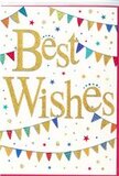 The photographed Best Wishes card looks like a small celebration ready to be tucked beside a bouquet delivered anywhere in Watford. Its base is a spotless white card, smooth and bright, providing a calm background that allows the central message and decorations to shine. Across the middle, the phrase Best Wishes is written in generous, looping gold script. The ink or foil appears metallic and faintly glittered, giving the lettering a soft sparkle, as though tiny flecks of light are embedded in each stroke. This golden text is the clear focal point, drawing the eye immediately. Around it, gentle arcs of bunting sweep across the top and bottom portions of the card. Each bunting string is formed from small triangular flags, painted in a lively mix of colours-strong reds, blues, greens, yellows, and pinks-some softened by delicate patterns of dots or stripes. You can almost imagine these flags fluttering lightly, like decorations strung up at a family party near Oxhey Park. Scattered throughout the remaining white space are small star shapes and confetti-like dots, printed in similar colours and arranged with a loose, natural rhythm. This sprinkling adds a sense of fun and movement, suggesting confetti mid-fall or stars scattered across a pale sky. Despite its playful elements, the overall design remains clean and uncluttered, with enough empty space to keep it elegant. The card feels perfect for sending warm wishes for any happy moment in Watford-new jobs, anniversaries, exam results, or personal milestones-especially when paired with fresh, fragrant flowers that echo its feeling of hopefulness and shared joy.