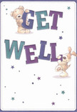Infused with playful optimism and gentle reassurance, this get well card channels the local warmth of Watford. At its heart are two charming friends: a teddy bear, drawn with irresistibly soft fur, and a floppy-eared puppy, both engaged in the joyful act of sending good wishes. The vivid indigo and teal letters forming 'Get Well' practically bounce off the crisp, creamy background, their robust presence mirrored by bursts of tiny stars in calming blue and purple shades. The tactile look of the characters invites thoughts of snuggling under a cosy throw after a flower delivery from Flowers Watford, perhaps near Watford Fields or West Herts College. Each brushstroke and colour accent is designed to lift the spirit, creating a sense of cozy camaraderie and heartfelt encouragement. As with a perfectly curated bouquet, every detail works together to deliver a message more powerful than words: a sense of support, care, and genuine hope for brighter days ahead.
