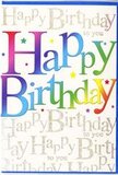 The photograph shows a modern birthday card propped upright, its front alive with vibrant colour and shimmering detail that would look right at home beside a bouquet from Flowers Watford. Across the middle of the card, the message Happy Birthday stands out in big, friendly letters, each one glowing with a different part of the rainbow. The colours blend gradually-starting with bold reds, flowing through oranges and sunny yellows, then slipping into grassy greens, sky blues, and deep purples-creating a continuous gradient that feels energetic but still refined. The lettering is thick and slightly rounded, suggesting a sense of fun and approachability, like a cheerful conversation at a birthday lunch near Cassiobury Park. Behind this striking text, the entire background is filled with a repeating pattern of handwritten-style script that reads Happy Birthday to you in fine, golden lines. This script appears delicate, almost like it has been penned with a metallic gel pen, catching the light subtly so that the background seems to shimmer when viewed from different angles. The gold words remain soft and understated, providing an elegant backdrop that enhances the central greeting rather than overwhelming it. The surface of the card looks smooth and lightly glossy, hinting at a high-quality finish that would feel pleasant and sleek under the fingers. No additional graphics, such as balloons or cakes, are present; instead, the design relies on colour, typography, and a touch of sparkle to communicate the celebratory mood. It's an ideal companion to a colourful hand-tied bouquet delivered to homes and offices across central Watford, offering a bright, heartfelt birthday wish in visual form.