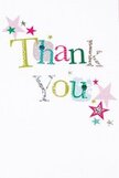 This thank you card radiates a gentle joy, as if designed to lift spirits in the sunlit calm of Watford's best mornings. Across the centre, 'Thank You' appears in cheerful typography, each letter a joyful interplay of shimmering silver, clear yellow, lively green, and bright blue. Some are trimmed with playful dots, others edged with delicate stitched patterns, giving a sense of thoughtful craftsmanship so familiar at local Watford florists. Scattered stars in shades of pink, teal, and glimmering silver orbit the heartfelt message, adding a light dusting of celebratory excitement. A pristine white background gives the colours and textures their moment to shine, the entire composition feeling airy and never crowded-just like the welcoming spaces of Cassiobury or Watford Fields. Imagine receiving this card with a hand-tied bouquet, gratitude sparkling warmly from every detail: perfect for returning small kindnesses or marking moments with a personal touch, its warmth and sincerity unfolding as vibrantly as summer flowers freshly arranged in Watford.