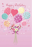 This charming birthday image feels like a light, drifting wish carried over Watford's town centre on a gentle breeze. Set against a soothing blush-pink backdrop, a lively bouquet of balloons and flowers seems to hover in mid-air. The balloons are painted in soft pastel tones-sugary pinks, mint greens, lemon yellows, and soft lilacs-each with a character of its own. Some are wrapped in candy-like stripes, others dotted with playful spots, and at the heart sits a sweet heart-shaped balloon that glows with quiet affection. Their glossy surfaces pick up subtle reflections, suggesting the gleam of real balloons under soft indoor lighting at a birthday gathering near The Grove. Cradled beneath this floating cluster is a compact bouquet of roses and anemone-like blooms, their petals airy and feathery in shades of ivory, blush, and muted mauve. The flowers are arranged close together, giving a sense of fullness and freshness, like a hand-crafted posy from a trusted Watford florist. A violet satin bow ties the stems with a smooth, elegant finish, its loops and tails catching the same gentle light as the balloons above. Little stars and delicate butterflies appear to dance around the arrangement, adding a touch of fairy-tale magic and playful motion. The overall impression is airy and sweet, infused with pastel colour and soft textures, perfectly capturing the essence of a birthday meant to feel bright, loving, and unforgettable for someone special in Watford.