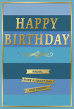 This photograph captures an elegant blue and gold birthday card that seems made for a gentle, heartfelt celebration in Watford. The card's background consists of broad, horizontal stripes of blue arranged in a soothing gradient, starting with a deep navy at the top, moving through rich denim and fresh teal, and settling into a softer, light blue towards the bottom. These layers suggest a calm sky slowly brightening, adding depth and tranquillity. Stretching confidently across the middle of these bands, the phrase HAPPY BIRTHDAY appears in bold, metallic gold capitals. The letters are embossed and slightly raised so they would feel smooth and pronounced to the touch, catching the light with a quiet, polished gleam rather than a glittery shine. Just below this main greeting, a refined golden flourish curves into a balanced, ornamental motif, offering a touch of classic charm. Beneath the flourish, three slim gold banners sit neatly aligned, each one carrying a part of the friendly wish: Relax, have a great day and enjoy! The message feels like a warm reminder to slow down and savour the moment, much as you might on a peaceful stroll through Cassiobury Park. A delicate gold line frames the outer edge of the card, giving the entire design a clean, finished look, as if it is ready to be placed on a mantelpiece in a home near Watford Junction. The card surface appears mostly matte, which sets off the shiny, embossed gold elements beautifully. Overall, the impression is of a carefully crafted, serene birthday greeting-ideal to accompany a bouquet delivered across Watford by Flowers Watford, adding a thoughtful, personal touch to someone's special day.