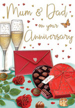 Detailed anniversary card illustration that feels like a snapshot from a quiet, romantic evening in Watford, rendered in sumptuous shades of crimson, gold, and gentle cream. Two graceful champagne flutes rise from the centre of the scene, their slender stems and curved bowls holding a pale golden fizz, bubbles suspended as though paused mid-toast between two people who know each other by heart. In front of them, a heart-shaped chocolate box finished in deep red takes the spotlight, wrapped with a wide satin bow tied in an elegant flourish. The box is opened to reveal a line of smooth, glistening chocolates, their rounded tops catching the light, with a few pieces scattered nearby as if already chosen. Lying alongside are two full-bodied red roses, their velvety petals unfurling over a bed of fresh green leaves, just like the blooms we at Flowers Watford handpick for anniversary deliveries across the town. Scattered gold and crimson hearts drift around a flowing, handwritten message that could celebrate Mum & Dad or any beloved couple marking another year. A scarlet envelope rests in the foreground, its flap neatly sealed, suggesting a personal note brimming with gratitude, shared memories, and promises for the future. Soft, warm lighting adds a romantic sheen to the glass, ribbon, and petals, recalling the cosy glow of a living room near Watford Junction or along Vicarage Road. The illustration invites you to sense the gentle clink of glasses, the sweet aroma of chocolate, and the delicate fragrance of roses, capturing the spirit of the kind of heartfelt, at-home anniversary celebrations that are cherished by couples all over Watford.